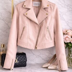 GUESS Blush Pink Leather Moto Jacket with Gold Hardware